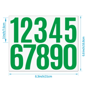 Detailed view of 3 inch green vinyl number stickers with specific size measurements