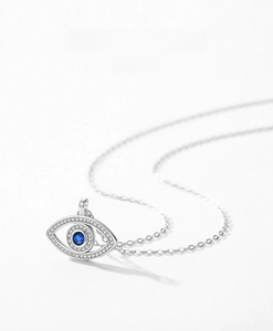 Macro detail of S925 silver Evil Eye pendant featuring blue stone and pave diamonds