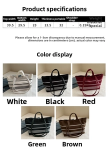 Detailed size chart for large capacity striped canvas tote bag showing dimensions and weight