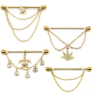 Industrial Barbell Earring Gold Plated Copper Heart Zircon Three Layer Chain Stainless Steel Earring Post Body Piercing