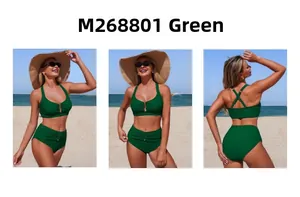 Three-angle view of a green high-waisted two-piece bikini with cross-back straps