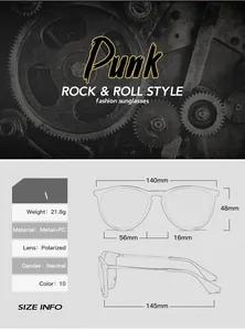 Detailed sizing chart and technical specifications for polarized cat eye sunglasses
