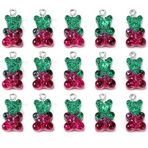 Glitter resin gummy bear pendants with green head and pink body for DIY jewelry