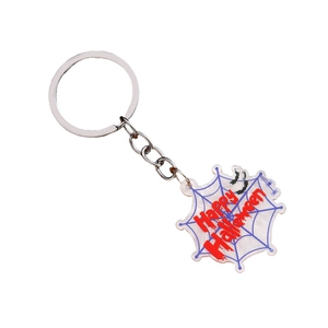 Spider web acrylic keychain with bats and Happy Halloween text for holiday bag accessories