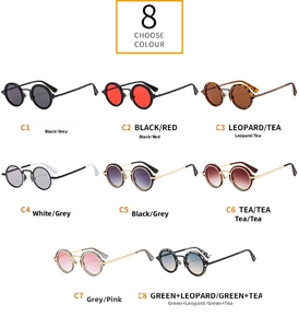 Detailed collection of vintage round sunglasses in eight colors with metal temples