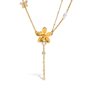 18K vergoldete Edelstahl Y-Halskette mit Blume, Schmetterling, Zirkonia und Perle