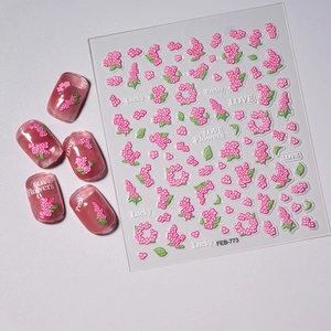 3D embossed pink flower nail stickers with lucky lettering on translucent red nails