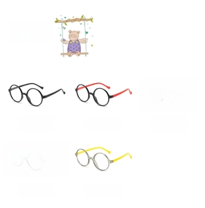 Flat lay of colorful round frame children's glasses in five vibrant assorted colors