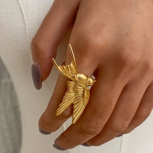 Bird Ring Stainless Steel Gold Plated Swallow Animal Shape Adjustable Open Band Realistic Feather Texture Women Jewelry