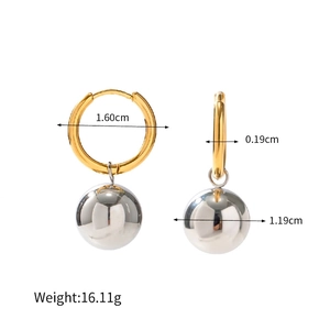 Two-tone stainless steel hoop earrings with gold rings and silver mirror sphere charms