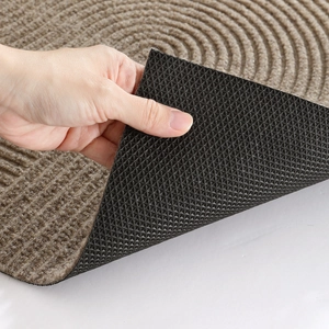 Close-up of non-slip rubber backing and textured brown fiber surface of the door mat