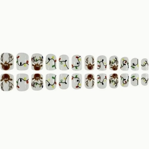 Short square Christmas press-on toe nails with cartoon reindeer and festive lights