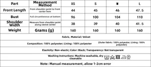 Size chart and fabric details for ethnic beaded embroidery velvet sleeveless vest jacket