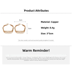 Detail view of irregular gold layered square earrings with size and weight specs