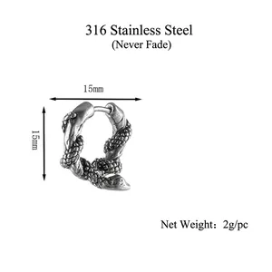 Punk style snake-shaped stainless steel earrings with textured scales and 15mm outer diameter