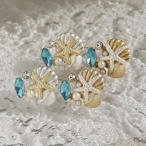 Orecchini A Lobo Stella Marina Conchiglia Con Perla Artificial Sintetica Gemma In Vetro Blu Strass Perno In Acciaio Inossidabile
