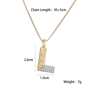 Detail of Letter L necklace showing 45+5cm chain length and gold-plated hammer texture