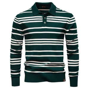 Men Striped Knitted Polo Shirt Long Sleeve Viscose Polyester Blend Lapel Button Casual Slim Fit Knitwear Tops