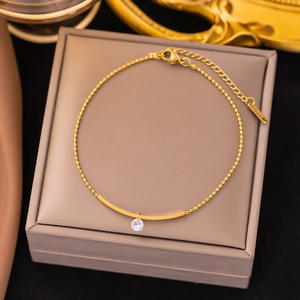 Elegant 18K gold smile zircon anklet with fine bead chain and crystal pendant