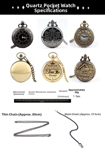 Detail view of engraved hollow pocket watches with quartz movement and various chain styles