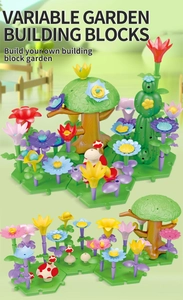 Detailed view of DIY garden building blocks featuring flowers and colorful lawn base plates
