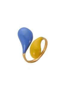 Detailed close-up of adjustable gold-plated ring with blue and yellow enamel teardrops