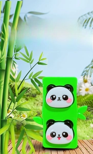 Close-up of cute panda retractable keychain with green bamboo joint design details