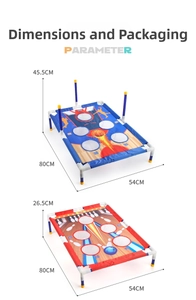 Detailed size chart for kids' basketball and bowling toss game set with dimensions