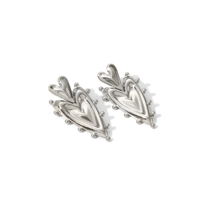 Close-up of silver double heart earrings with beaded edge and polished steel finish