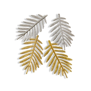 Minimalist 14K gold and silver leaf studs with detailed palm needle metal textures