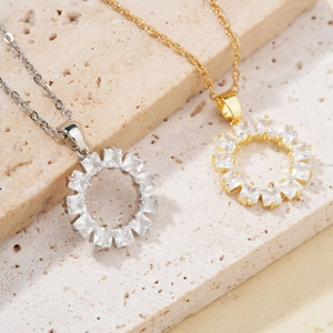 Retro hip-hop style gold and silver circular pendant necklace with shiny zircon stones