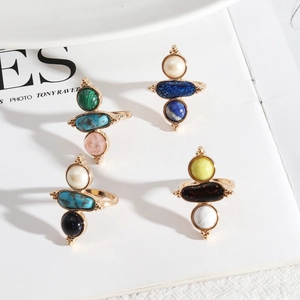 Vintage Bohemian Multi Stone Geometric Ring Gold Alloy Inlaid Natural Stone Faux Artificial Pearl Retro Finger Jewelry Women