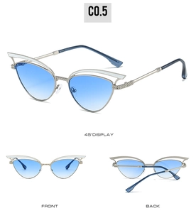 Detailed views of silver cat eye sunglasses with blue gradient lenses and white trim