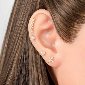 Gold stainless steel cartilage studs set with heart, flower, leaf and butterfly shapes
