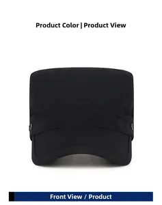 Front view of a black quick-dry flat top military cap with breathable side metal eyelets