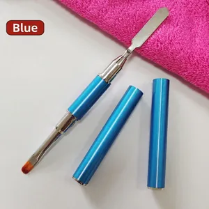 Dual-ended nail art tool with blue metallic handle, flat spatula, and brush tips