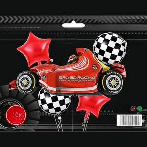 Detail of 5pcs racing balloon set including car and checkered flag in packaging