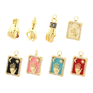 Set of 8 gold-plated copper charms with tarot-style evil eye designs and colorful enamel