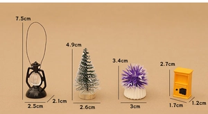 Detailed size view of miniature Christmas dollhouse lantern, tree, plant and mailbox