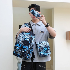 Ensemble sac à dos scolaire 3 pièces avec imprimé graffiti bleu et blanc sur nylon