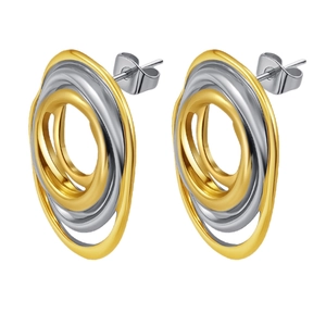 Irregular geometric oval earrings with layered gold and silver stainless steel rings