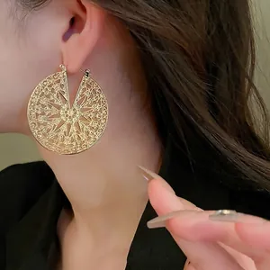 Hollow Round Geometric Hoop Earrings With Silver Earring Post Vintage Gold Tone Alloy Statement Jewelry For Women