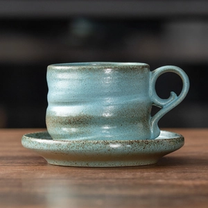 Service à café rétro japonais en céramique bleu sarcelle avec bords émaillés marron