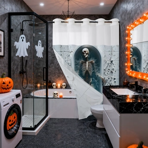 Dettaglio della tenda da doccia impermeabile di Halloween con stampa scheletro 3D e anelli