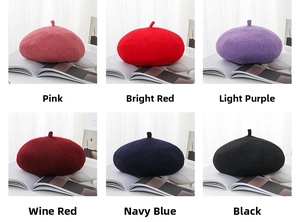 Detailed grid of wool berets in six solid colors with chic magazine styling