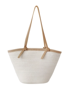 Minimalist woven cotton rope beach tote bag with khaki leather straps and cream patchwork
