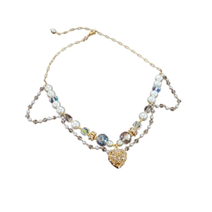 French style pearl and crystal heart necklace with a gold-tone layered chain for women