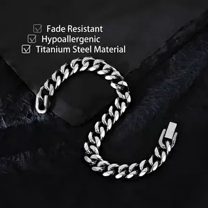 Silver titanium steel Cuban link bracelet for men with industrial curb chain design
