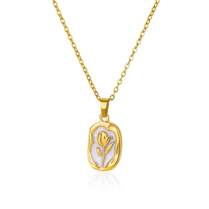 Elegant gold tulip pendant necklace with lavender inlay on a minimalist O-chain