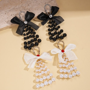 Elegant bow and faux pearl tassel drop earrings with sparkling rhinestones for women
